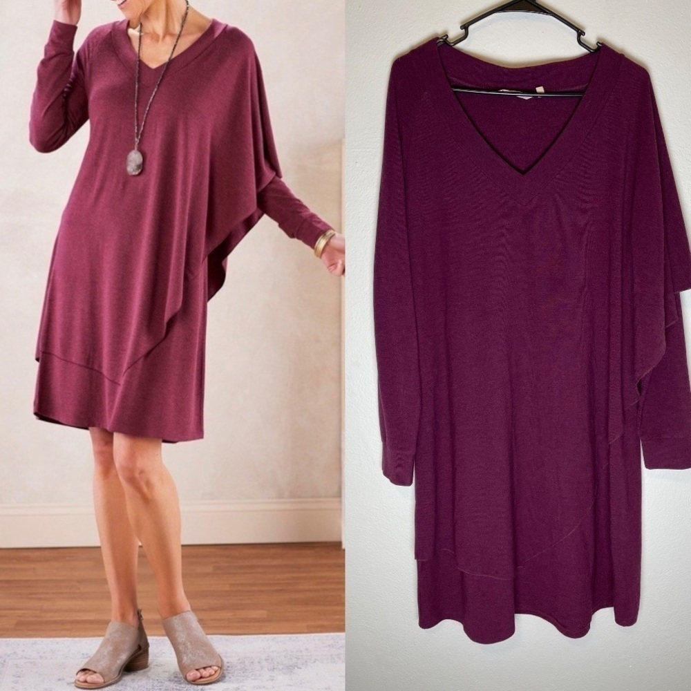 Soft Surroundings Marla Layered V-Neck Sweater Dress Ruby Heather